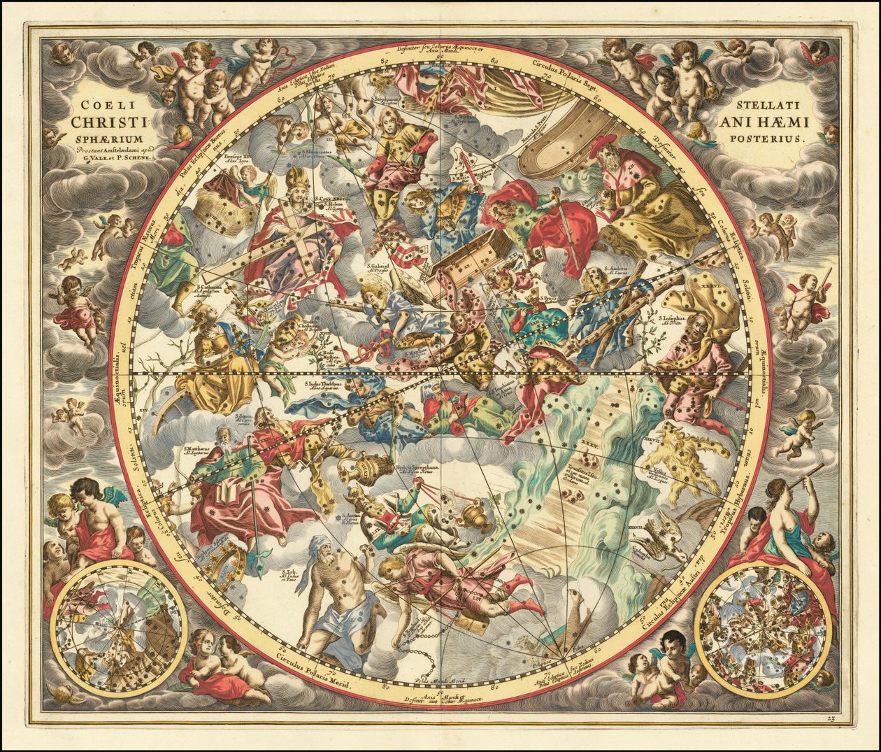 vuoden 1660 taivaankartta, joka esittää kristillisen symboliikan mukaiset tähtikuviot. tekijältä Andreas Cellarius