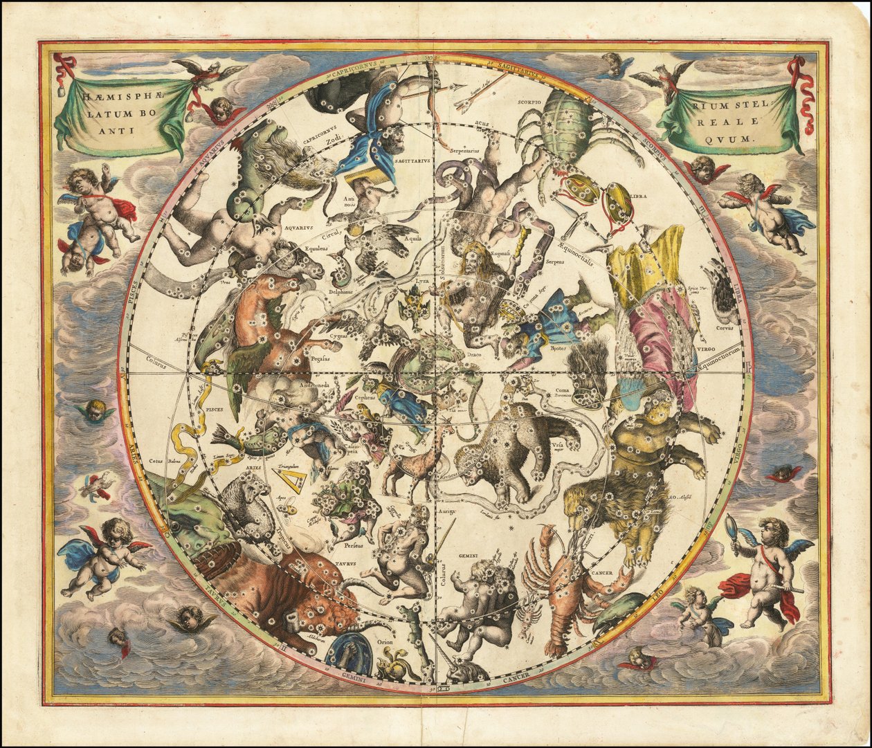 Vuoden 1660 taivaankartta, jossa pohjoisen pallonpuoliskon tähtikuviot on sijoitettu maan eteläisen pallonpuoliskon päälle. tekijältä Andreas Cellarius