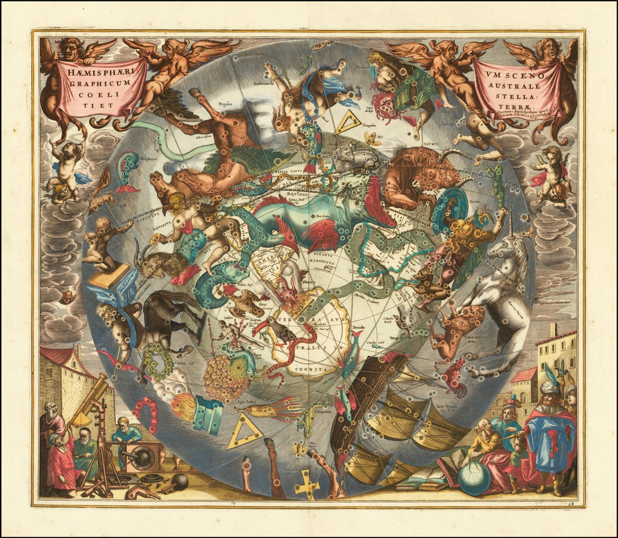 Vuoden 1660 eteläisen taivaan taivaankartta, jossa on esitetty eteläisen pallonpuoliskon tähtikuviot. tekijältä Andreas Cellarius
