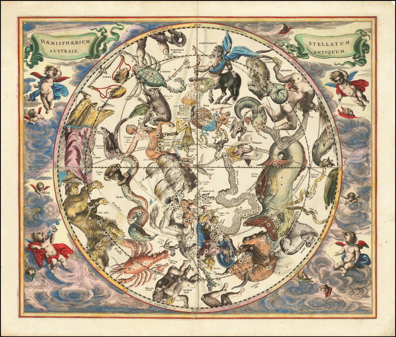 Vuoden 1660 taivaskartta eteläisen pallonpuoliskon tähtikuvioista. tekijältä Andreas Cellarius