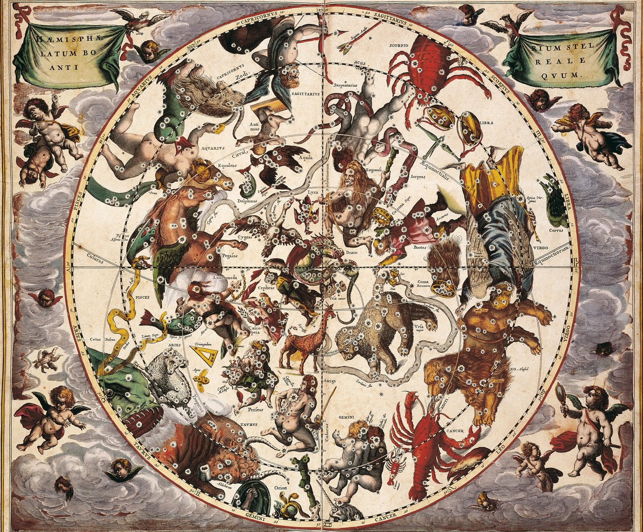 Cellarius, Andreas (1596-1665). Taivaallinen atlas tai makrokosminen harmonia. 1661. Fol 24. Muinainen tähtipuolisko boreaalinen. Pohjoisen pallonpuoliskon edustus. Paintaja Johannes Janssonius Amsterdamissa. Varhainen moderni aika Kaiverrus. ESPANJA C tekijältä Andreas Cellarius