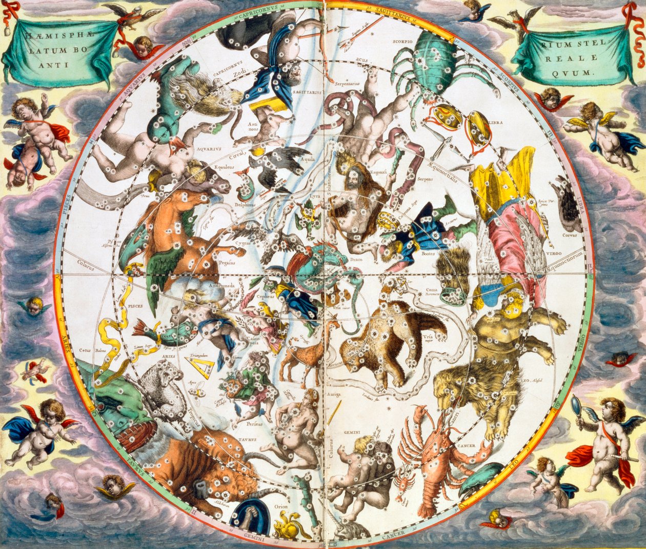 Taivaan planisfääri näyttää horoskoopin merkkejä, 1660-1661 tekijältä Andreas Cellarius