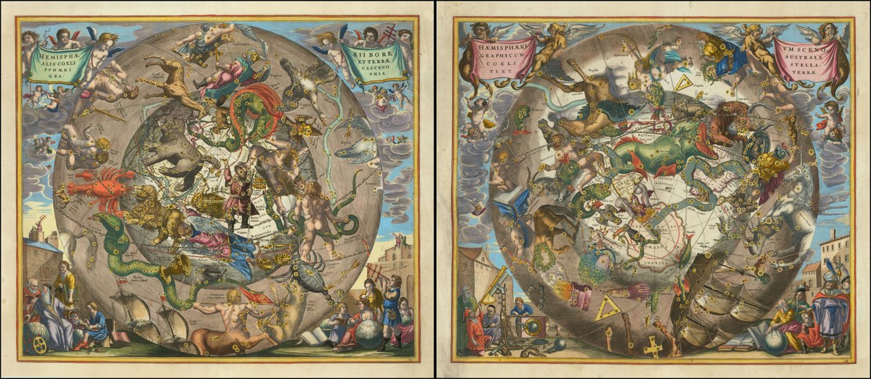 Hemisphaerii Borealis Coeli et Terrae Sphaerica Scenographia - Haemisphaerium Scenographicum Australe Coeli Stellati et Terrae (Hemisphaerii Borealis Coeli et Terrae) tekijältä Andreas Cellarius
