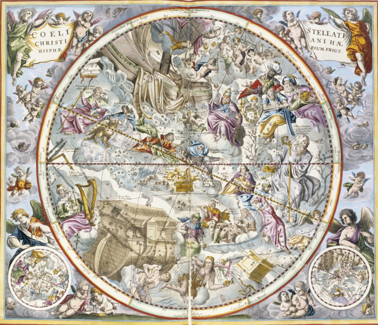 Kartta kristillisistä tähtikuvioista Julius Schillerin kuvaamana, teoksesta The Celestial Atlas, or The Harmony of the Universe atlas coelestis seu harmonia macrocosmica pub. by Joannes Janssonius, Amste. tekijältä Andreas Cellarius