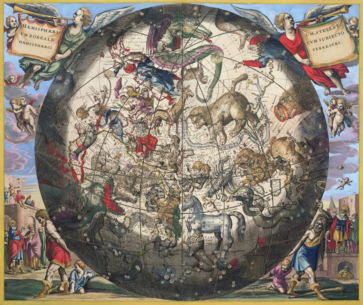 Pohjoinen (boreaalinen) pallonpuolisko, teoksesta "Taivaallinen atlas tai maailmankaikkeuden harmonia", kaiverrus Pieter Schenk (1660-1719) ja Gerard Valk (1651-1726) (käsinvärinen kaiverrus) tekijältä Andreas Cellarius