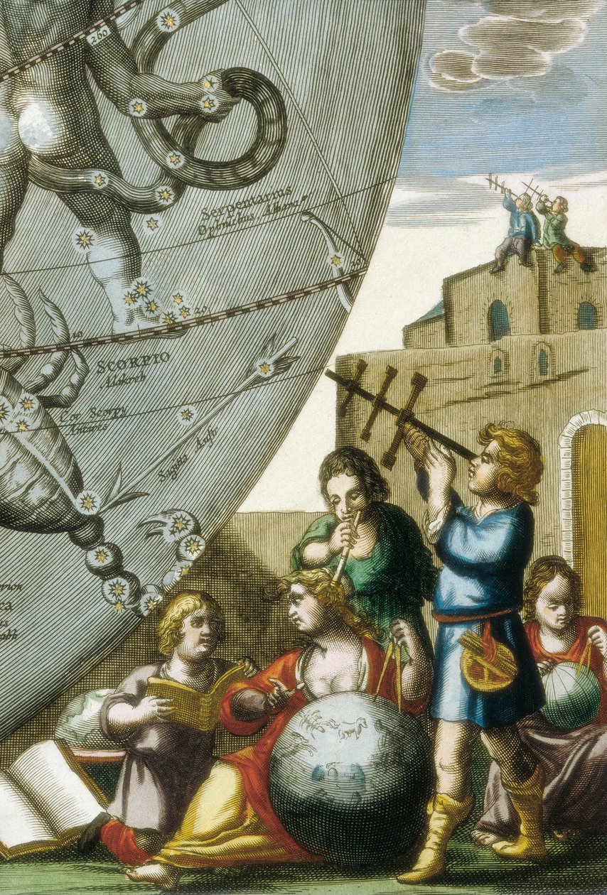 Tiedemiehet (astrologit ja tähtitieteilijät), jotka tutkivat maapalloja ja taivaskarttaa, yksityiskohta Andreas Cellariuksen (1596-1665) Atlas Coelestis seu Harmonia Macrocosmicasta tekijältä Andreas Cellarius