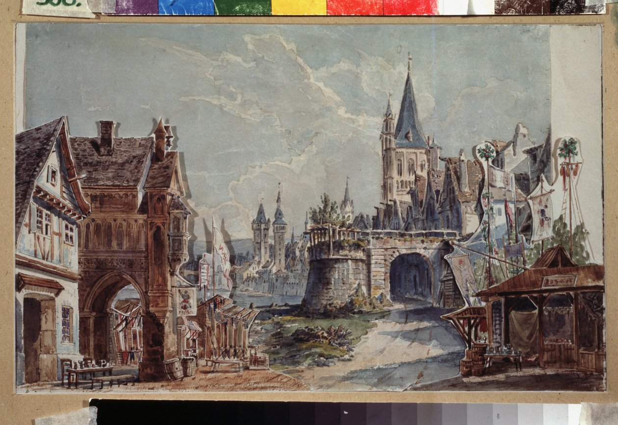 Valmisteleva sisustus Cesare Pugnin (1802-1870) balettiin Faust. Andreas Leonhard Rollerin (1805-1891) työ, akvarelli ja tussi paperille tekijältä Andreas Leonhard Roller