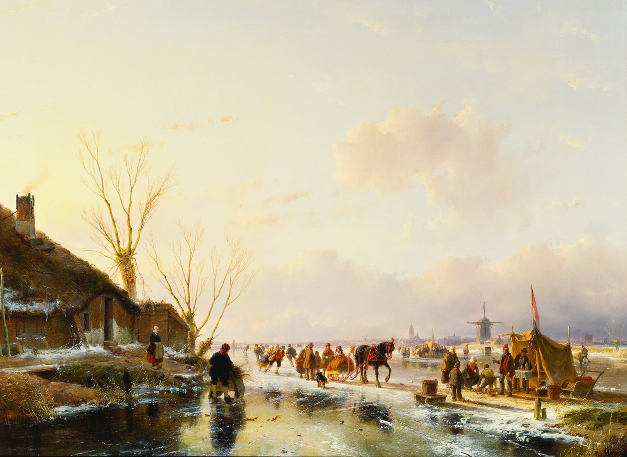 Luistelijat boothin luona jäätyneellä joella, 1850 tekijältä Andreas Schelfhout