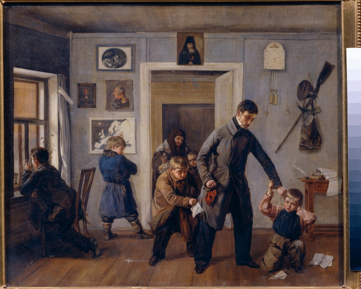 Koulussa. Maaseutukoulun opettaja tarttuu pojan korvasta luokassa, jossa toiset pojat tekevät hauskoja kasvoja ja irvistelevät. Andrei Andrejevitš Popovin (1832-1896) maalaus öljy kankaalle tekijältä Andrei Andreevich Popov