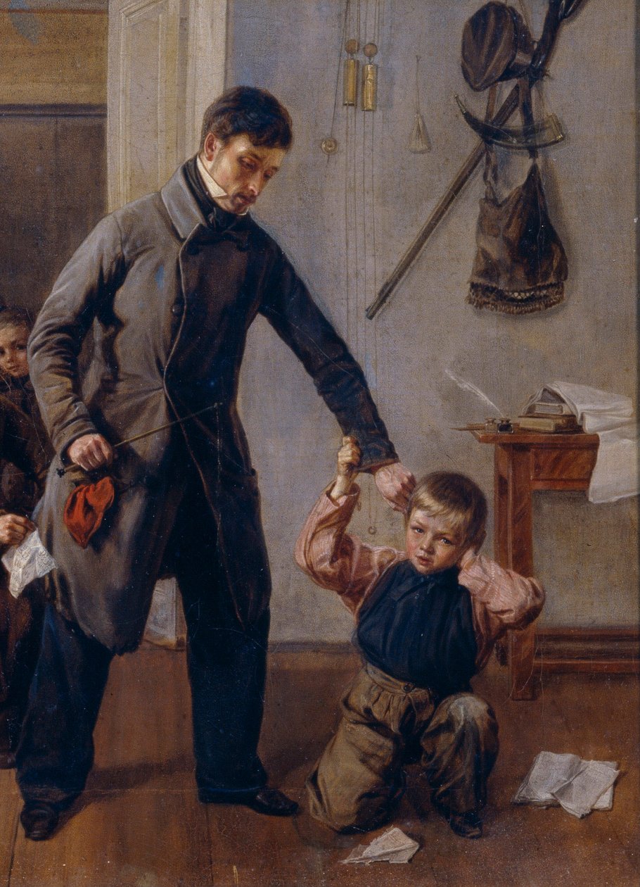 Koulussa. Maaseutukoulun opettaja tarttuu pojan korvasta luokassa, jossa toiset pojat tekevät hauskoja kasvoja ja irvistelevät. Andrei Andrejevitš Popovin (1832-1896) maalaus, yksityiskohta, öljy kankaalle tekijältä Andrei Andreevich Popov