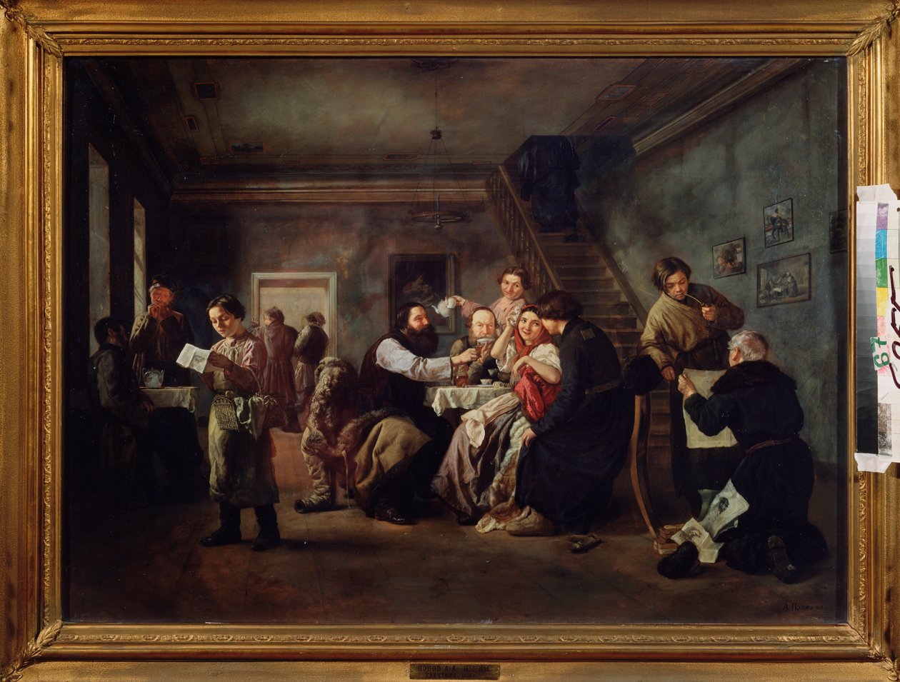 Taverna. (Kohta katettujen pöytien ympärillä, ihmiset juovat teetä, nuori virkailija lukee painettua arkkia, vanha mies näyttää kaiverruksia amatöörille, polttaa piippua). Andrei Andrejevitš Popovin (1832-1896) maalaus öljy kankaalle tekijältä Andrei Andreevich Popov