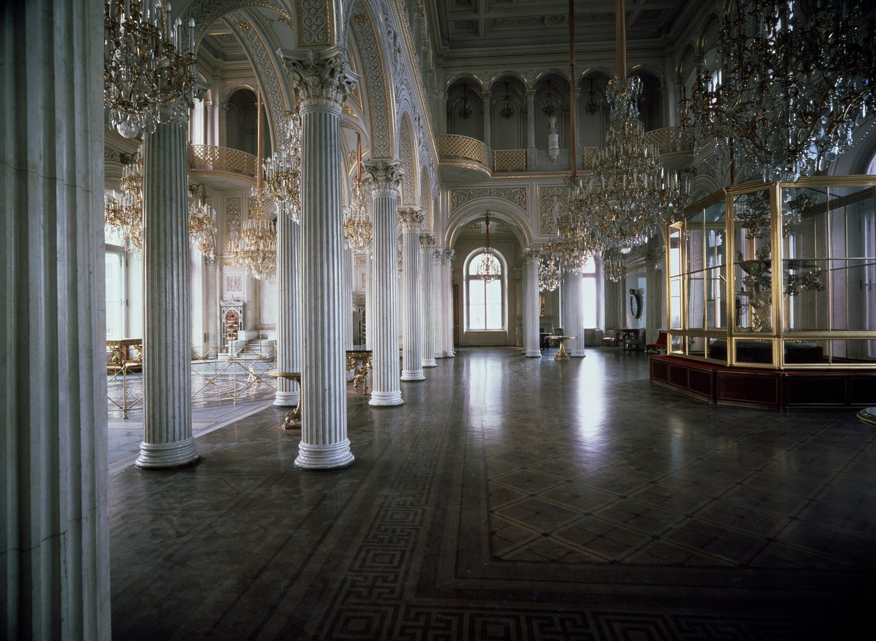 Andrei Ivanovich Stakenschneiderin (1802-1865) projisoima näkymä Pienen Eremitaasin (Eremitaasi) paviljongisalista 1850-1858 Eremitaaši, Pietari tekijältä Andrei Ivanovich Stackenschneider
