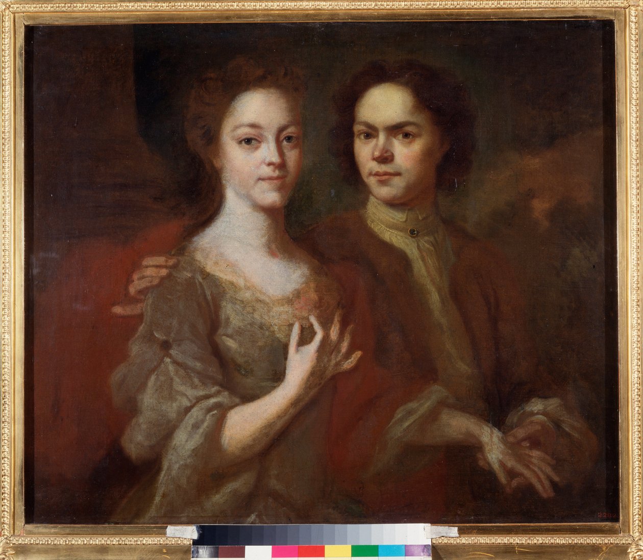 Omakuva vaimonsa kanssa (Omakuva vaimon kanssa) - Andrei Matvejevitš Matvejevin (Matvejev) (1701-1739) maalaus, öljy kankaalle, noin 1729 - venäläinen taide, 1700-luvun muotokuva - Venäjän valtionmuseo, Pietari tekijältä Andrei Matveyev