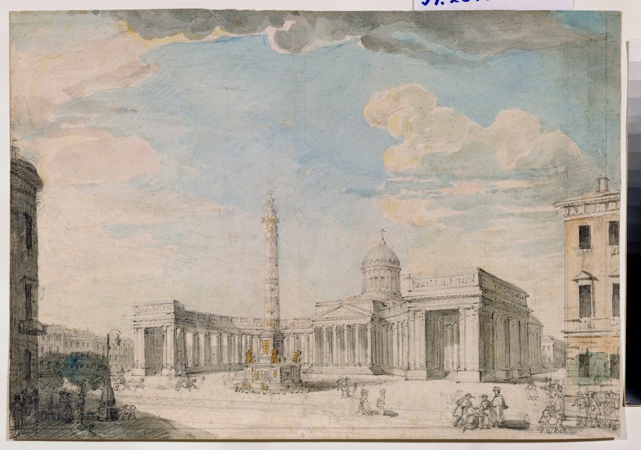 La Cathedrale Notre Dame de Kazan (Notre-Dame-de-Kazan) Pietarissa (Kazanin katedraali Pietarissa) - Andrei Nikiforovich Voronikhinin (Voronikhine) (1759-1814) teos, kynä ja akvarelli paperille, noin 1800, Venäläinen taide 1700-1800-luvulla, cl tekijältä Andrei Nikiforovich Voronikhin