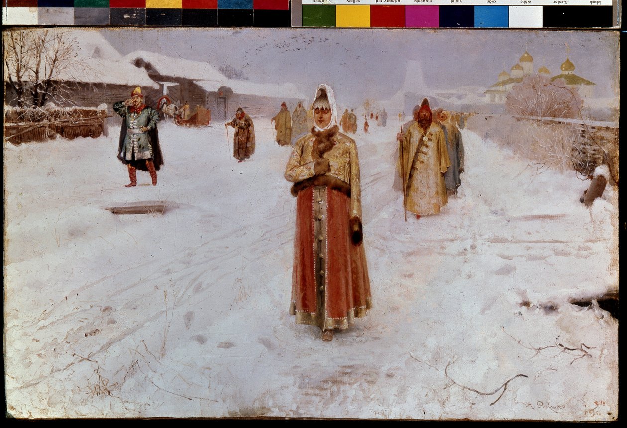 Sunnuntai (sunnuntai). Talvella lumisella tiellä Moskovan suurruhtinaskunnassa, vanhan Venäjän vaikeina aikoina (1500-1700-luvulla), bojaarit (boiardit, boiarit), miehet ja naiset, perinteisessä asussa, palaavat kirkosta. Andrein maalaus tekijältä Andrei Petrovich Ryabushkin