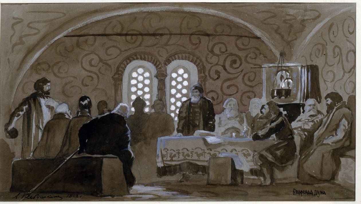Duuma Boyars (boiards, boiars) aikana (The Boyar Duuma). Kiovan Venäjän ruhtinaiden neuvottelukunta (Ruthenia) Venäjän tsaari Mikael I:n aikaan (1596-1645). Andrei Petrovitš Rjabushkinin (Riaboutchkine) (1861-1904) teos, aquare tekijältä Andrei Petrovich Ryabushkin