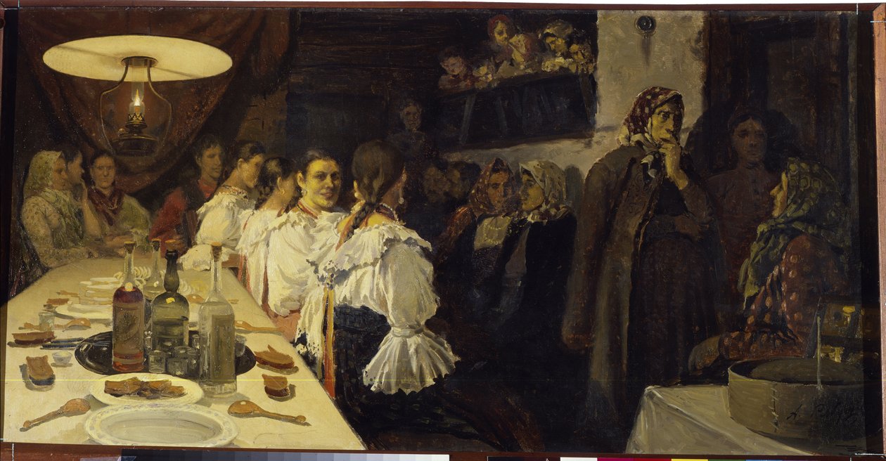 Odotetaan morsiusparin paluuta kirkosta Novgorodin maakunnassa. Andrei Petrovitš Rjabushkin (Riabutchkin) (1861-1904) maalaus, öljy kankaalle tekijältä Andrei Petrovich Ryabushkin