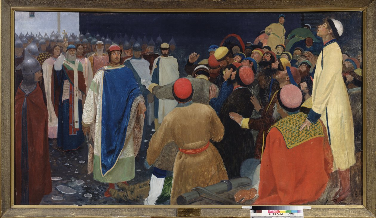 Prinssi Gleb Svjatoslavitsh (kuoli 1079) tappaa volkhven (slaavilainen taikuri) vechessä Novgorodissa. Andrei Petrovitš Rjabuškin (Riabutshkin) (1861-1904) maalaus öljy kankaalle tekijältä Andrei Petrovich Ryabushkin