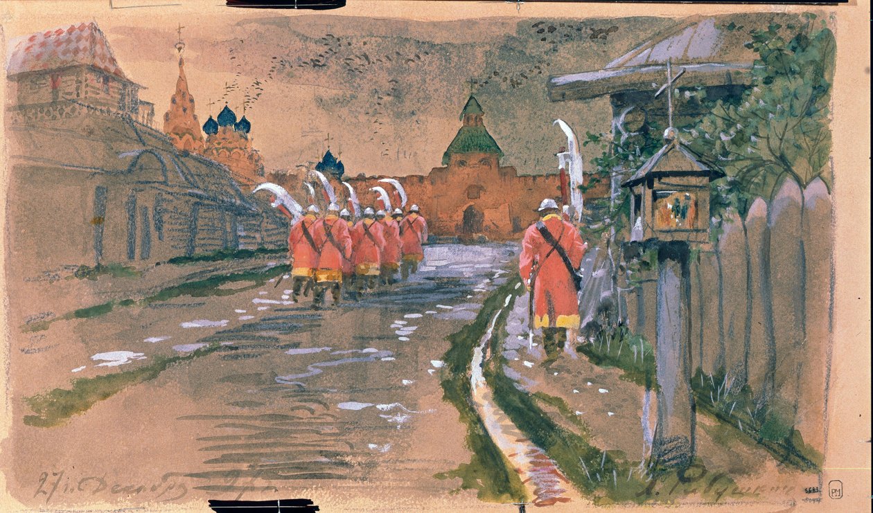 Katupartio Iljinski-portilla vanhassa Moskovassa. Andrei Petrovitš Ryabushkin (Riaboutchkine) (1861-1904) työ, akvarelli paperille tekijältä Andrei Petrovich Ryabushkin