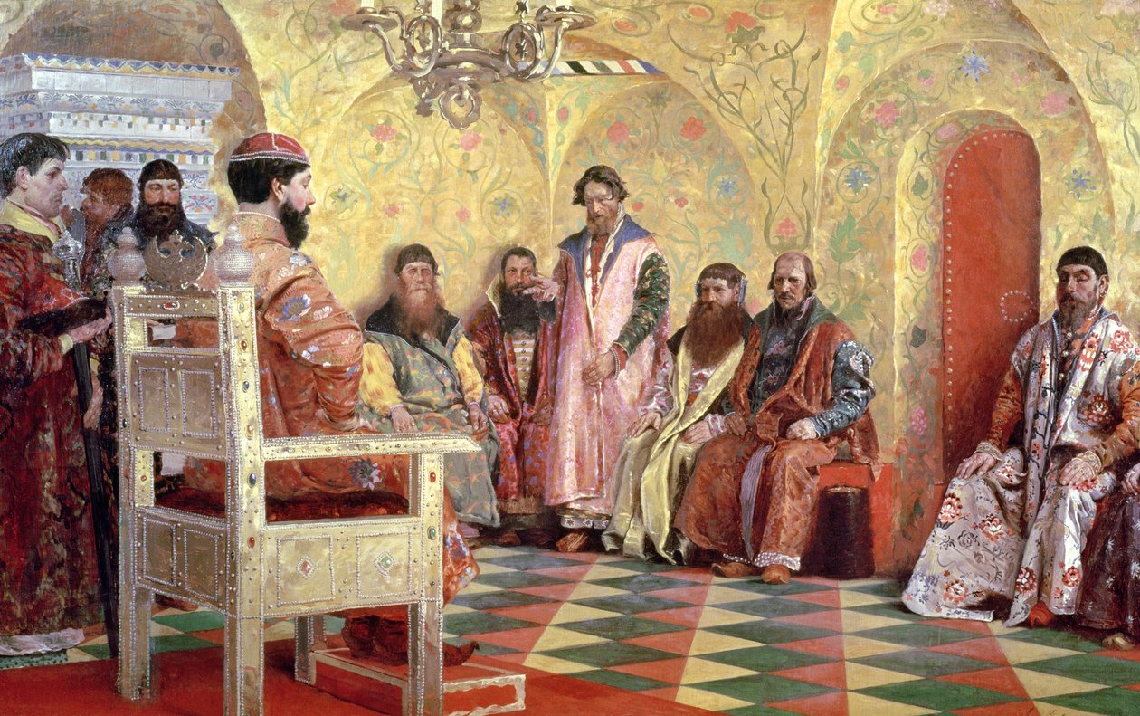 Tsaari Mihail Fjodorovitš (1596-1645) ja pojat istuvat huoneessaan, 1893 tekijältä Andrei Petrovich Ryabushkin