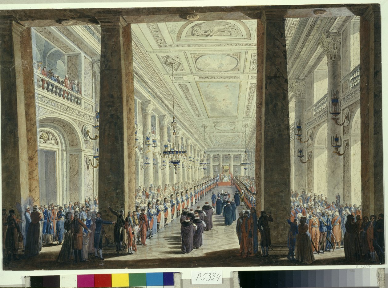 Venäjän keisarinna Katariina II:n (1729-1796) järjestämät juhlat Pietarin Talvipalatsissa Turkin suurlähettilään kunniaksi (Turkin suurlähettilään kunniaksi vastaanotto). Andrei Voronikhinin (1759-1814) työ tekijältä Andrei Voronikhine