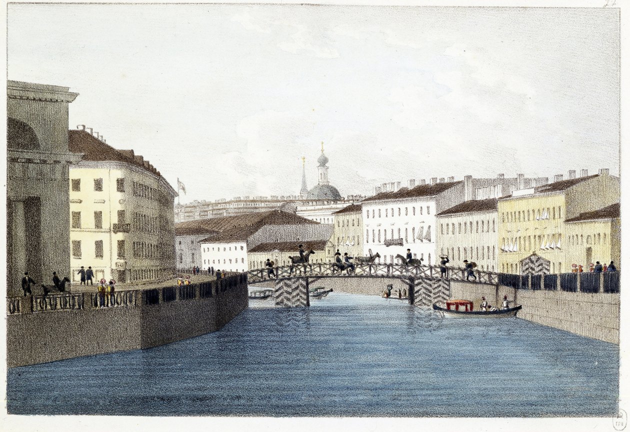 Le Pont Bolshoi Koniushennyi Pietarissa. (Bolshoi Koniushennyi-silta Pietarissa). Andrei Jefimovitš Martynovin litografia ja akvarelli (1768-1826) tekijältä Andrei Yefimovich Martynov