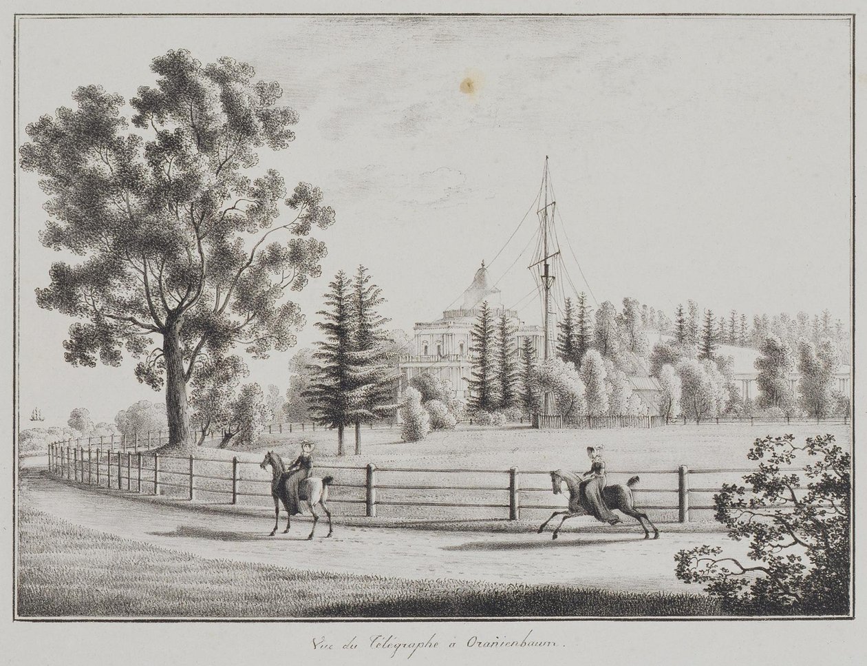 Näkymä kelkkailupaviljonkiin ja lennättimeen Oranienbaumissa, 1821-1822 tekijältä Andrei Yefimovich Martynov