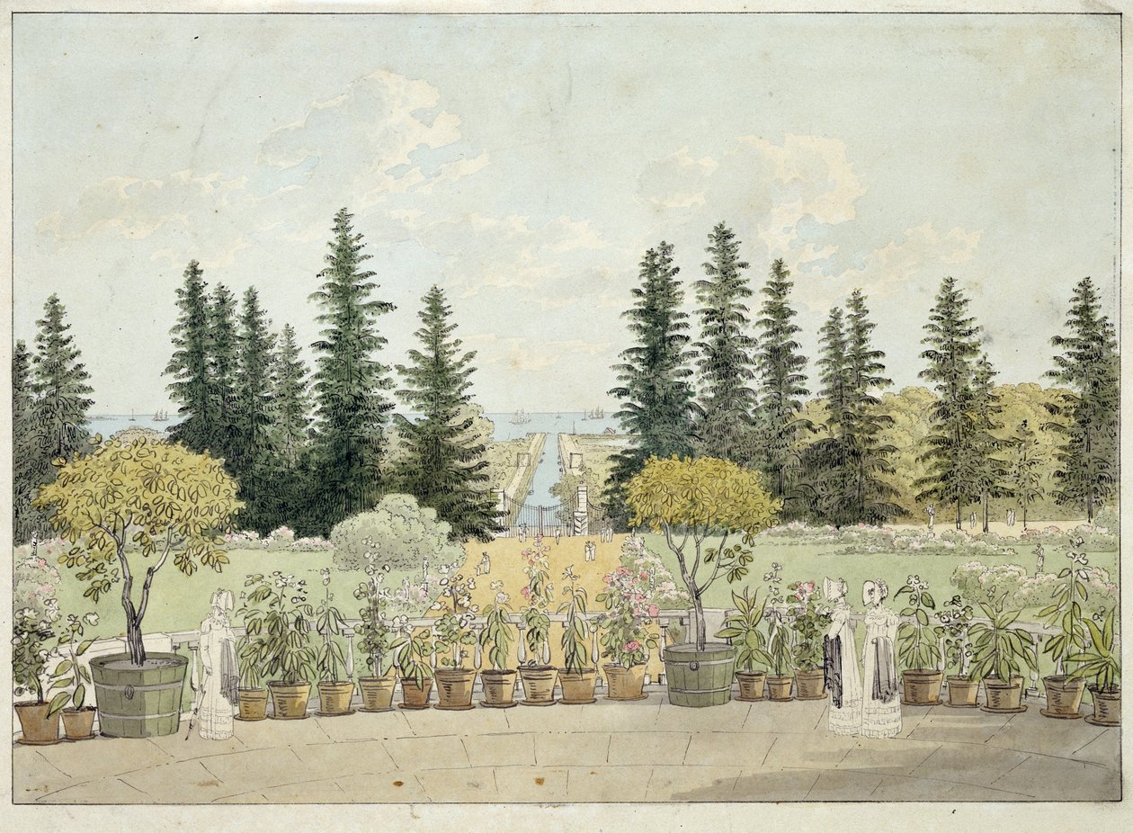 Näkymä Suuren Oranienbaumin palatsin terassilta Lomonossovissa, Pietarin taajamassa (Näkymä Suuren Oranienbaumin palatsin terassilta). Andrei Jefimovitš Martynovin (1768-1826) teos, akvarelli paperille tekijältä Andrei Yefimovich Martynov