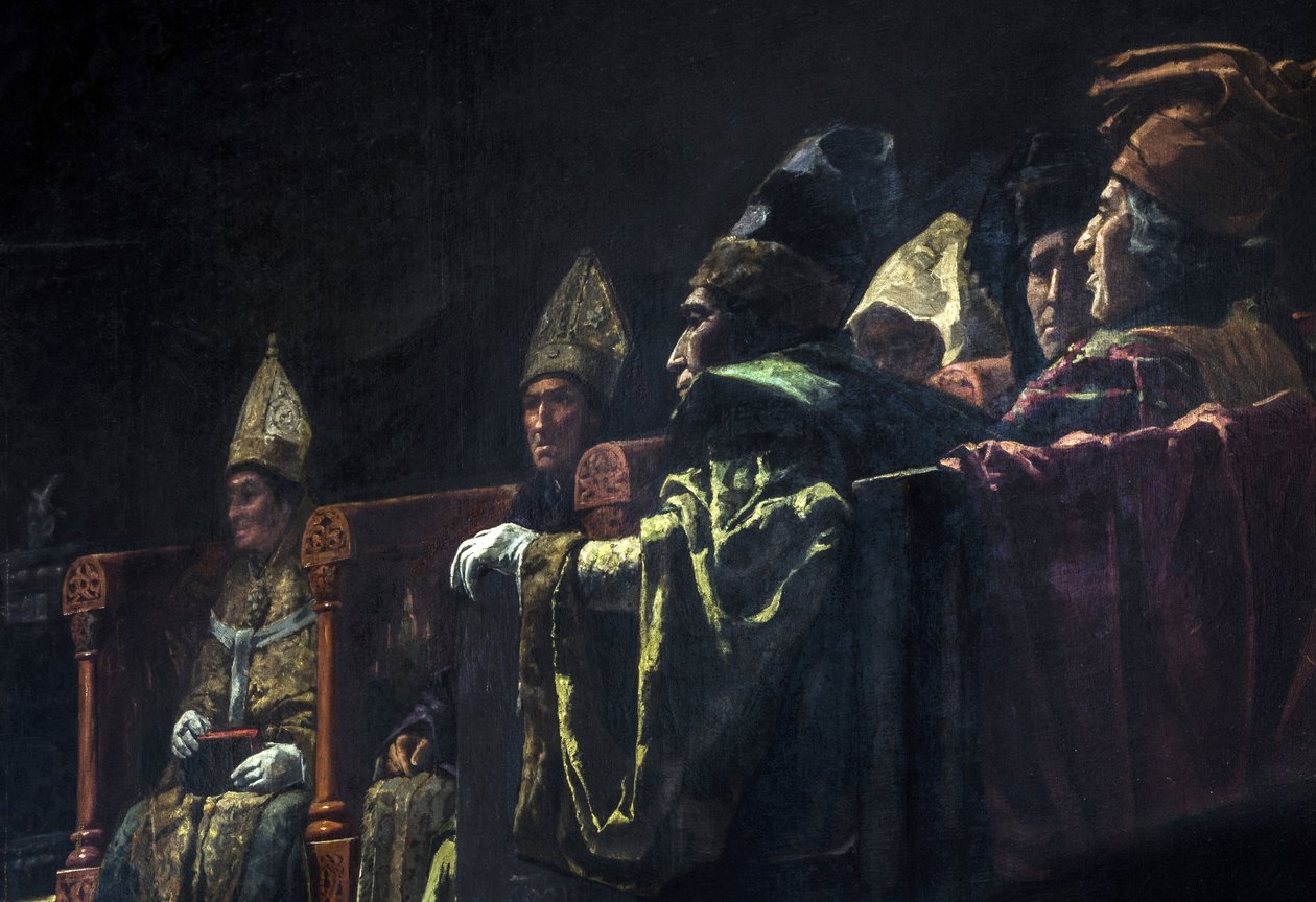 Compromis de Caspe (1412) - Historiallinen maalaus : Caspen kompromissi, Parlade y Heredia, Andres (1859-1933) tekijältä Andres Parlade y Heredia