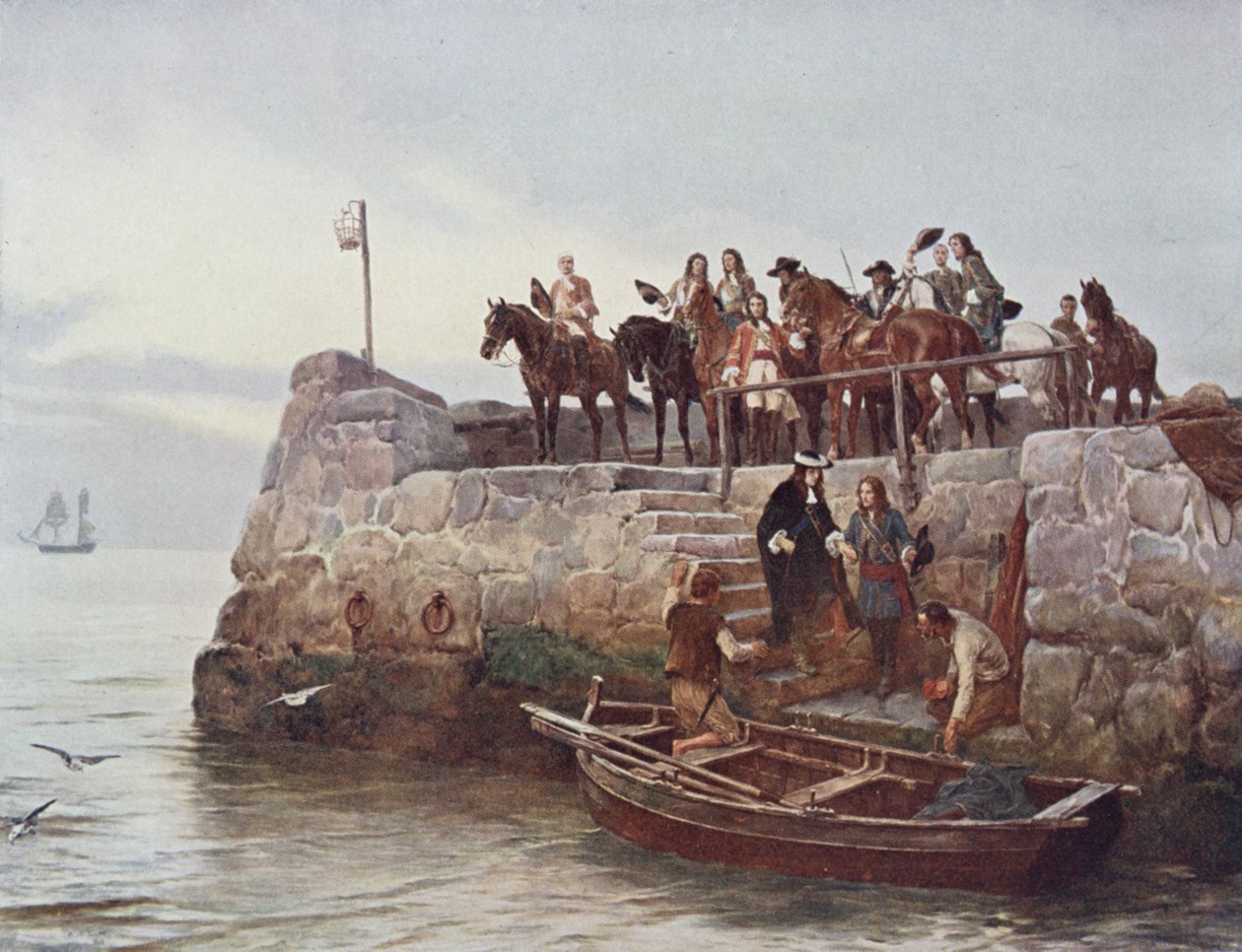 Kadonnut syy! James II:n lento (1633-1701) Boynen taistelun jälkeen vuonna 1690, piirros julkaisusta "British Battles on Land and Sea", toimittanut Sir Evelyn Wood (1838-1919) 1915 tekijältä Andrew Carrick Gow