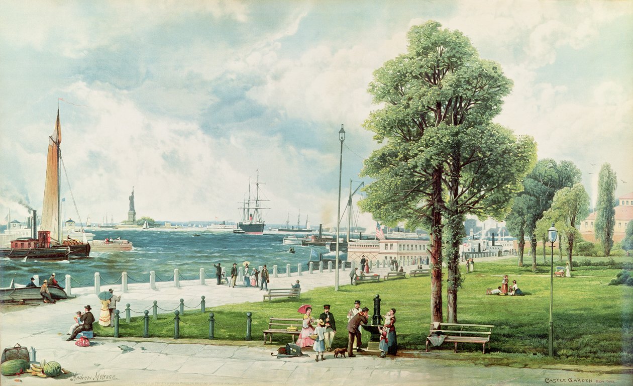 Castle Garden (näkymä Battery Parkista South Ferryltä Castle Gardeniin) n. 1886 (kohokuvioitu litho) tekijältä Andrew Melrose