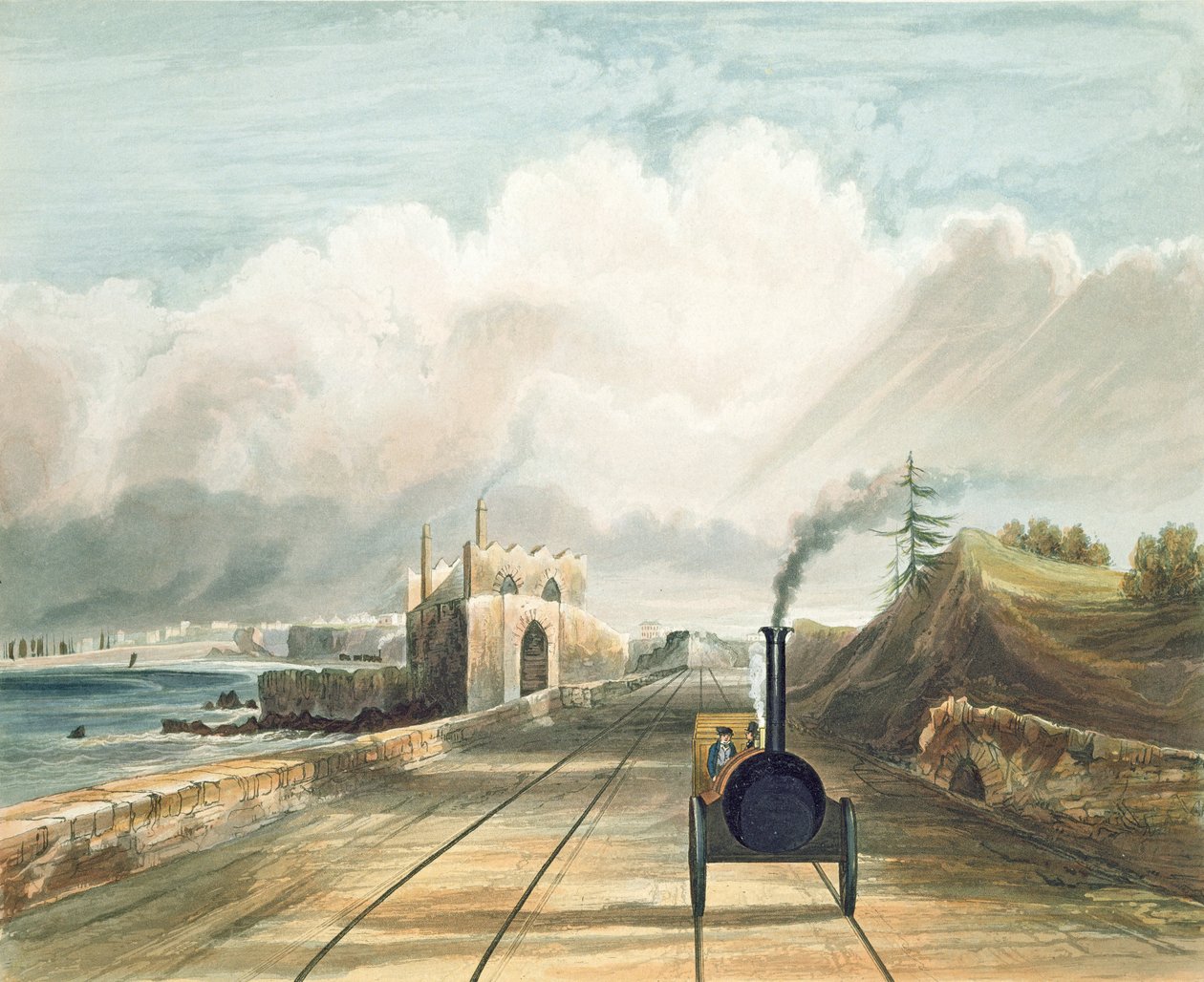 Dublin ja Kingstown Railway: Sea Point -hotellin kävelysillalta, näkymä Salt Hilliin, Kingstownin satama kaukana, kaiverrus J. Harris, 1834 tekijältä Andrew Nicholl