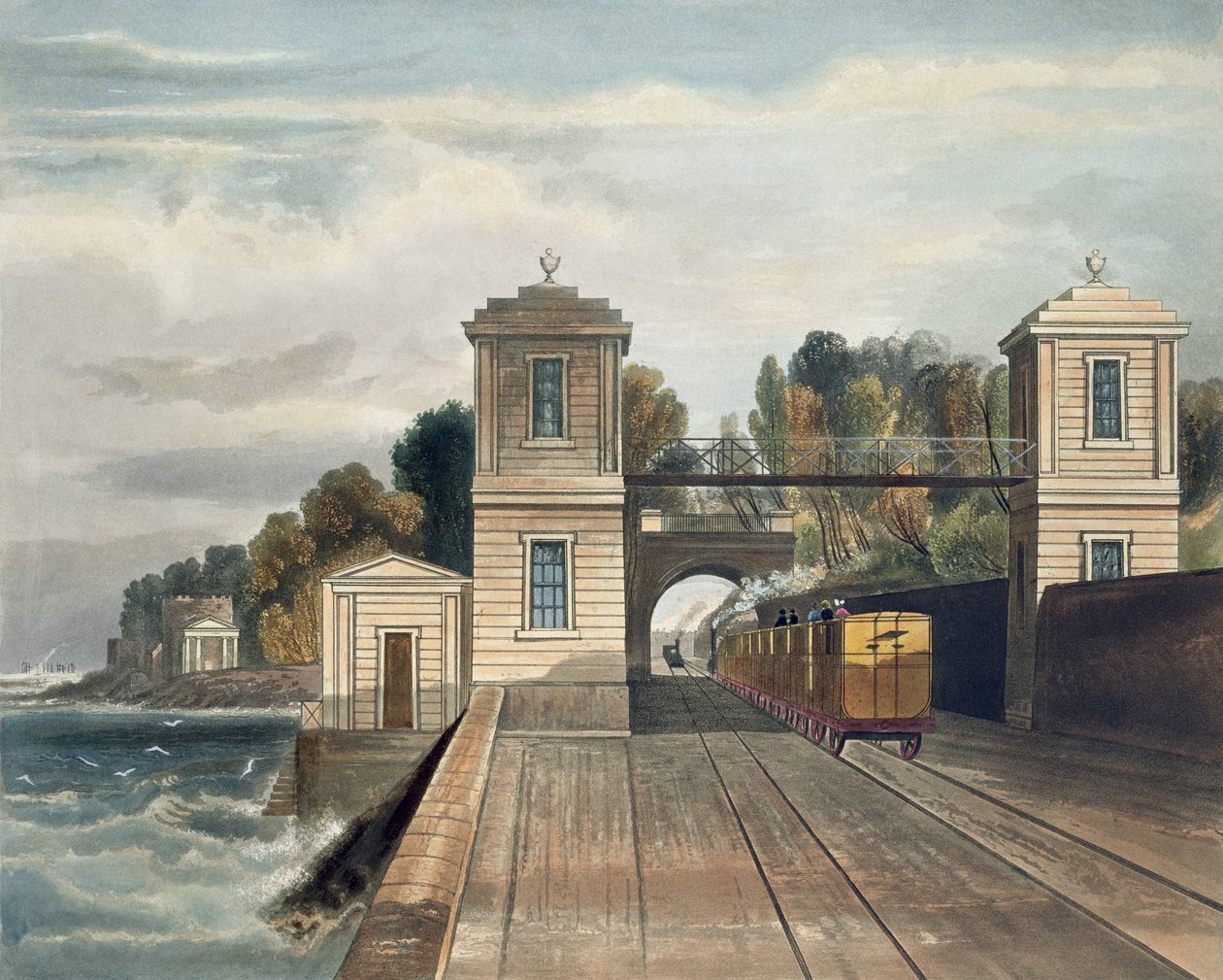 Dublin ja Kingstown Railway: Graniittipaviljongit ja tunnelin sisäänkäynti Lord Cloncurry Demesnessa Maritimossa lähellä Blackrockia, Kingstownin satama kaukana, kaivertanut S.G. Hughes, 1834 tekijältä Andrew Nicholl
