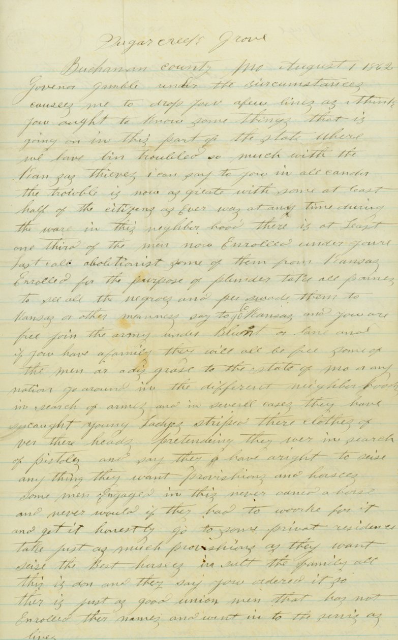 Andrew Brownlow, Buchanan County, Mo., kirje kuvernööri Gamblelle [Hamilton R.Gamble], 1. elokuuta 1862 tekijältä Andrew Brownlow