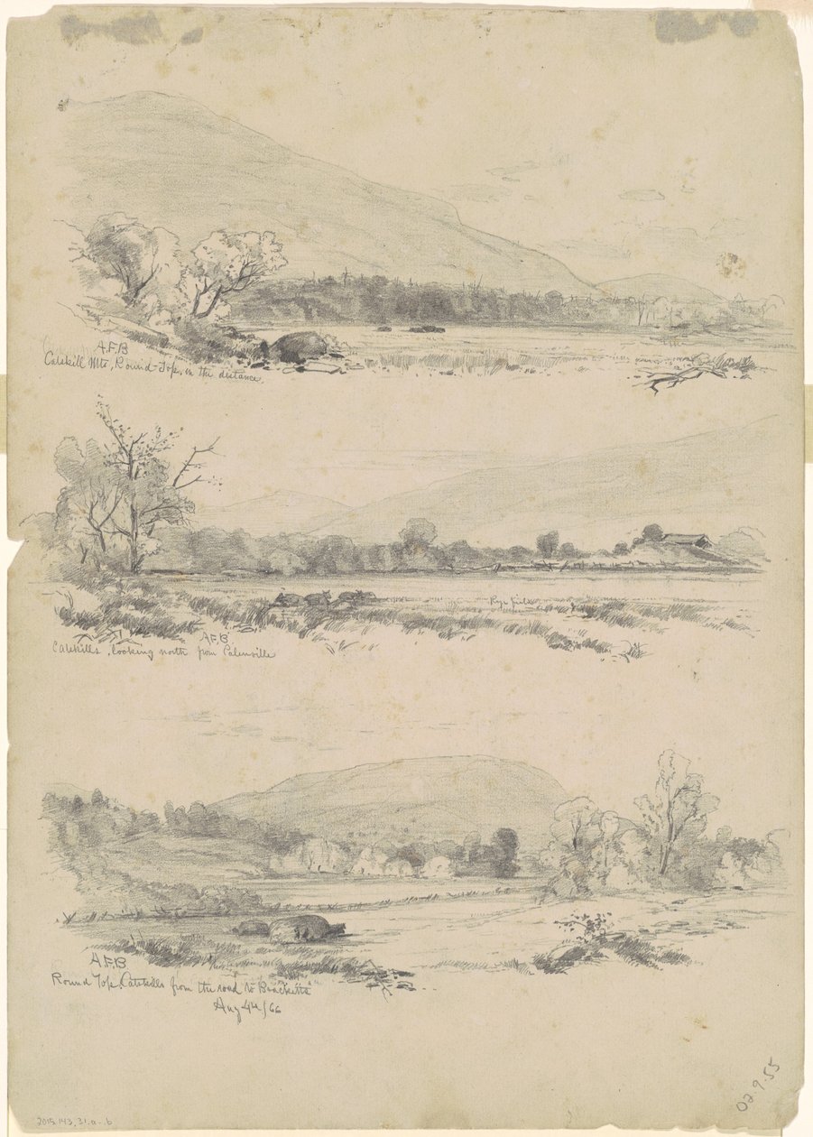 Catskill-vuoret, pyöreä huippu kaukaa; Catskills Looking North Palenvillestä; ja Round Top, Catskills, Road to Bracketts [verso] tekijältä Andrew Fisher Bunner
