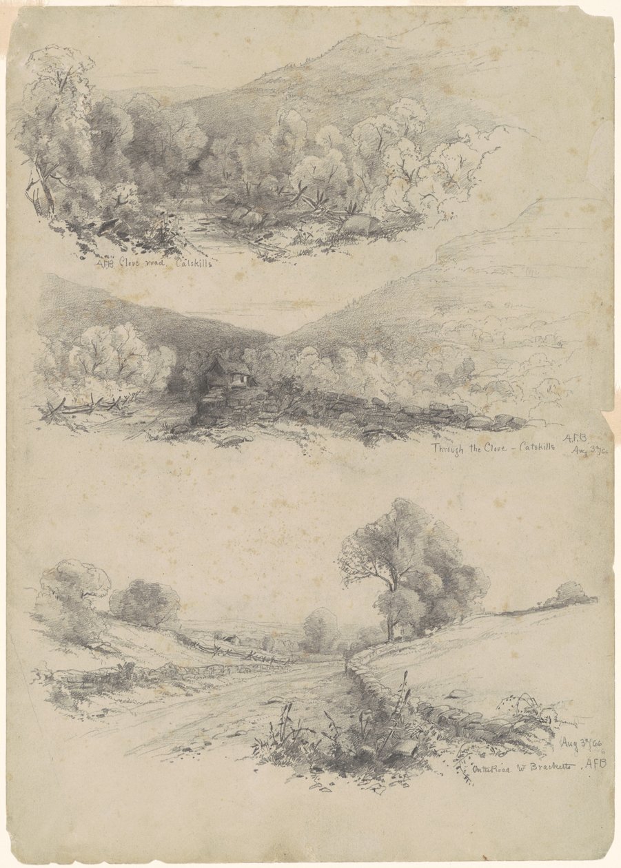 Clove Road, Catskills; Through the Clove – Catskills; ja On the Road to Bracketts [recto] tekijältä Andrew Fisher Bunner