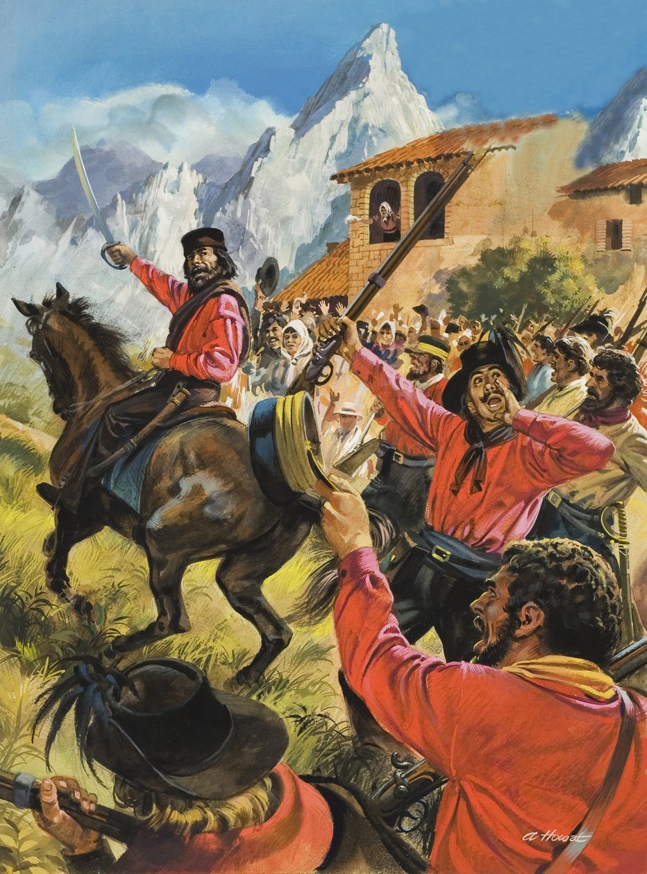 Guiseppe Garibaldi (1807-82) ja hänen armeijansa taistelussa neopoliittisia kuninkaallisia joukkoja vastaan (guassi paperille). tekijältä Andrew Howat