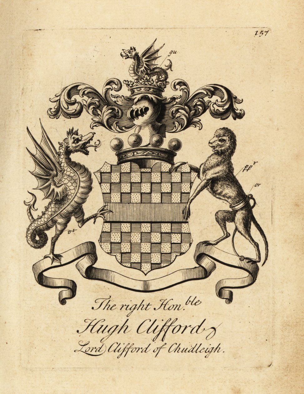 Oikeanpuoleisen Hugh Cliffordin, Chudleighin lordi Cliffordin, Chudleighin toisen paronin Cliffordin (1663–1730) vaakuna tekijältä Andrew Johnston