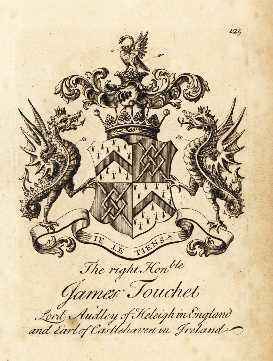 Oikeanpuoleisen James Touchetin vaakuna, Heleighin lordi Audley Englannissa, Castlehavenin kuudes jaarli Irlannissa, kuoli 1740 tekijältä Andrew Johnston