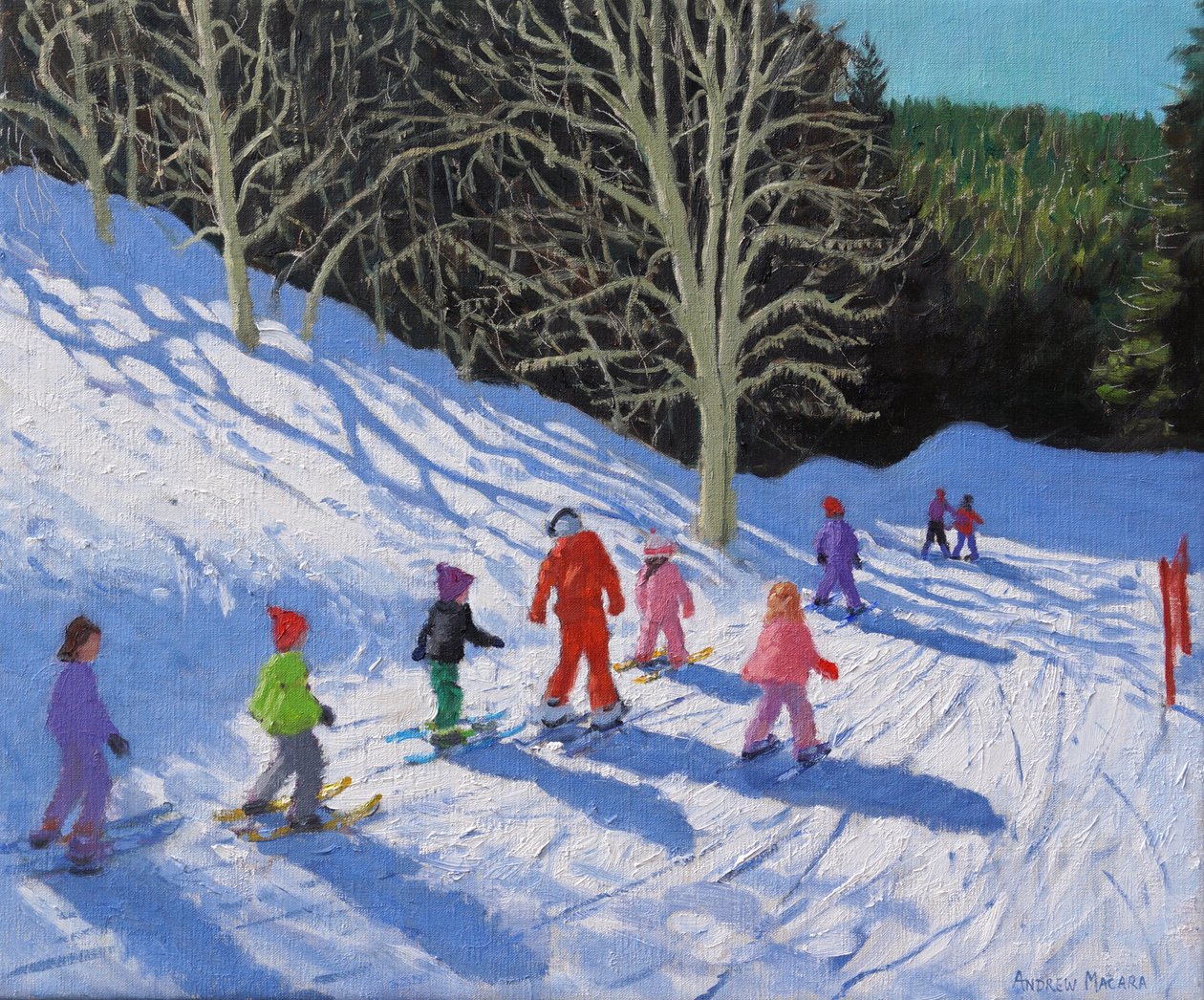 Lasten hiihtotunti, Courchevel to La Tania, 20"x24", 2019 (öljy kankaalle). tekijältä Andrew Macara