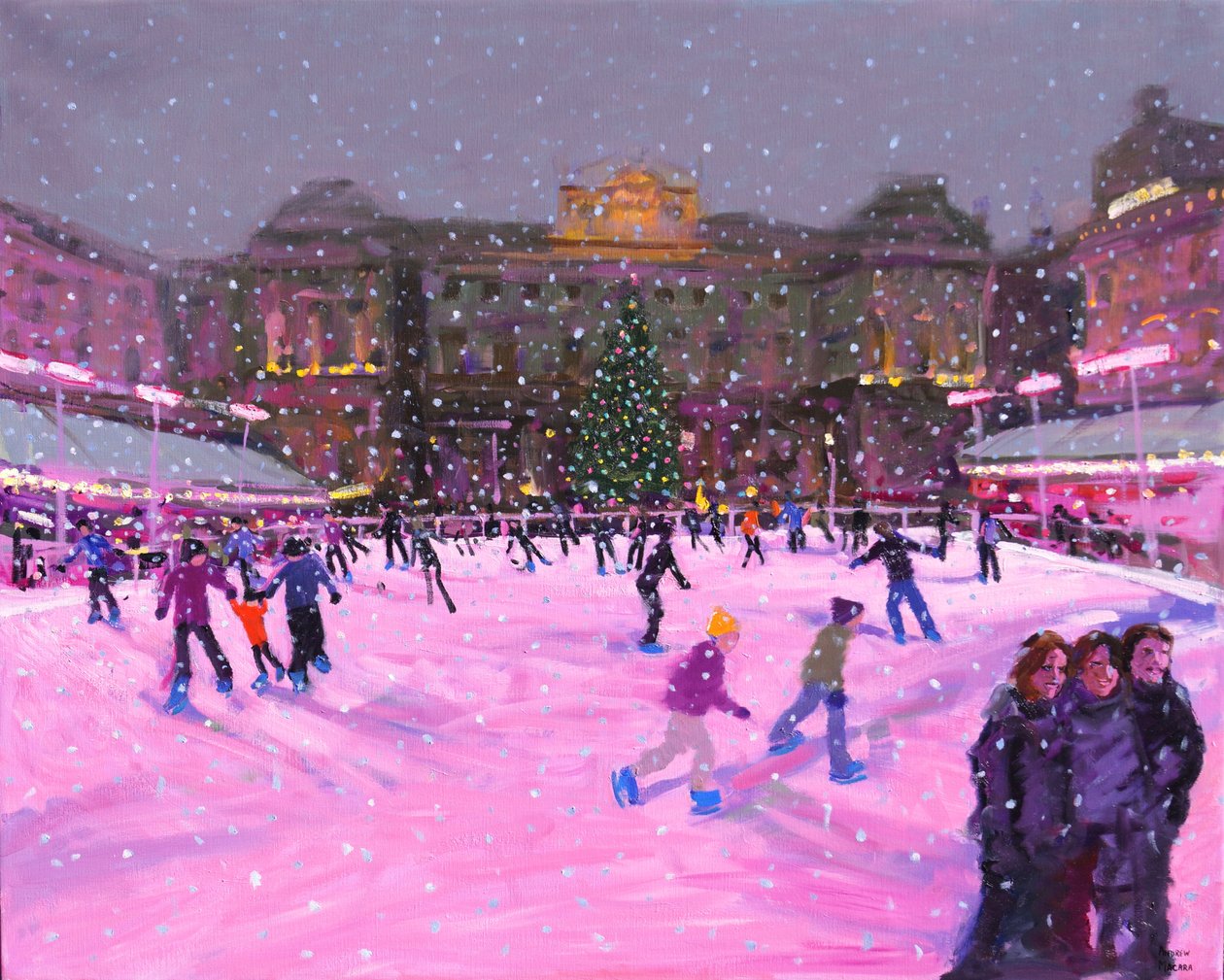 Joululuistelu, Somerset House vaaleanpunaisilla valoilla, 2014 (öljy kankaalle) (päivitetty kuva) tekijältä Andrew Macara