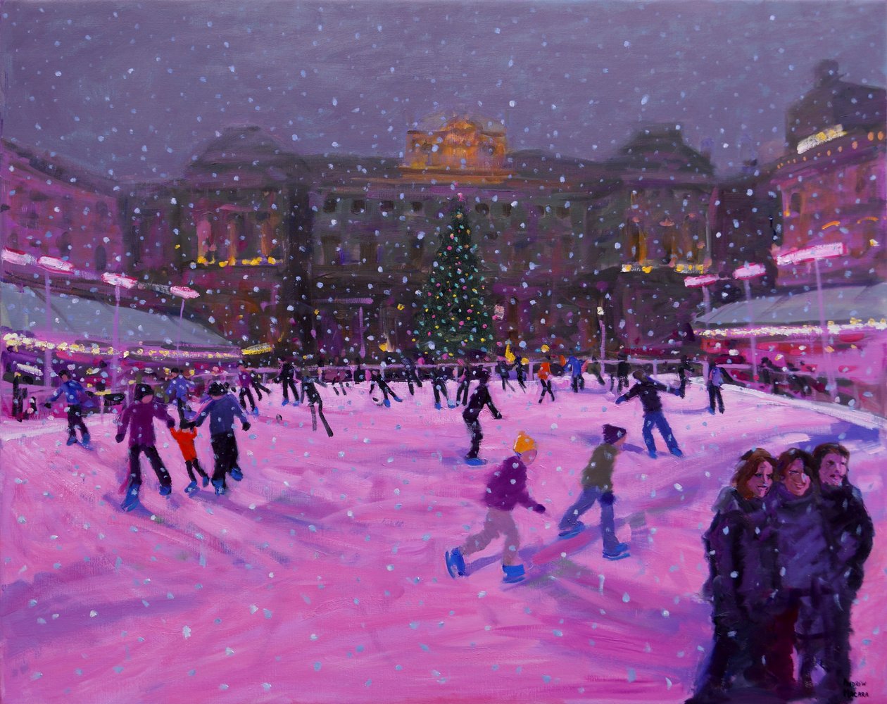 Joululuistelu, Somerset House vaaleanpunaisilla valoilla.2014 tekijältä Andrew Macara