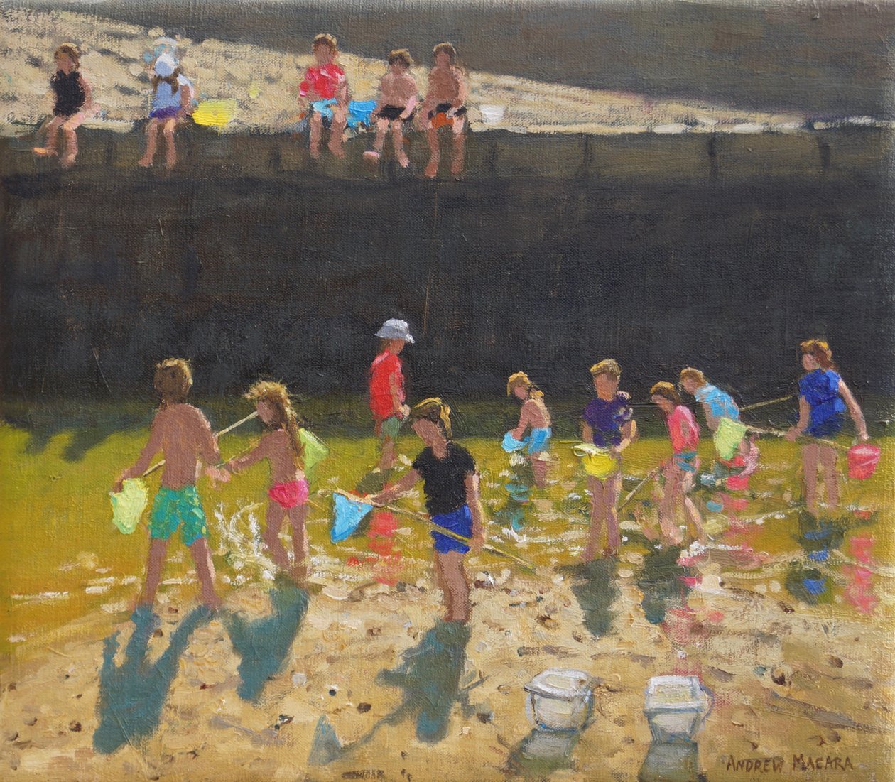 Crabbing in the Harbour, Bude, Cornwall, 2018, (öljy kankaalle) tekijältä Andrew Macara
