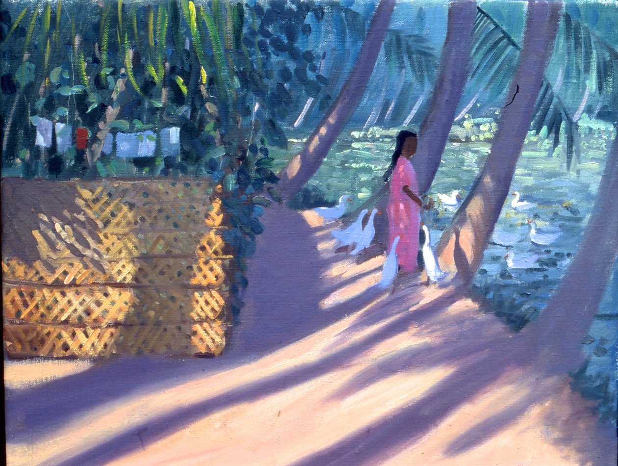 Ankanruokinta, Kerala, Intia (öljy kankaalle) tekijältä Andrew Macara