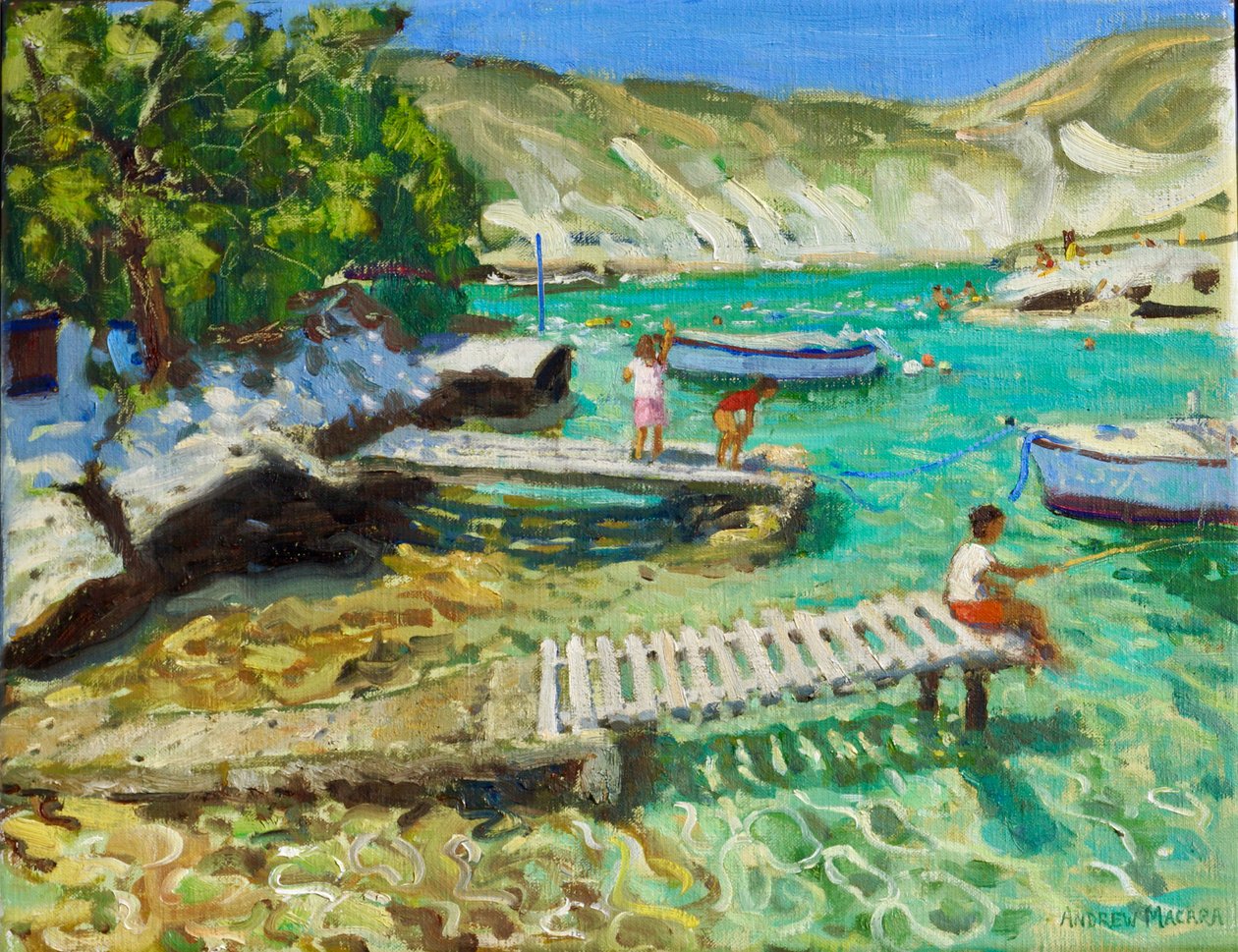 Kalastus laiturilta, Milos, Kreikka, 2018-2019 (öljy kankaalle) tekijältä Andrew Macara