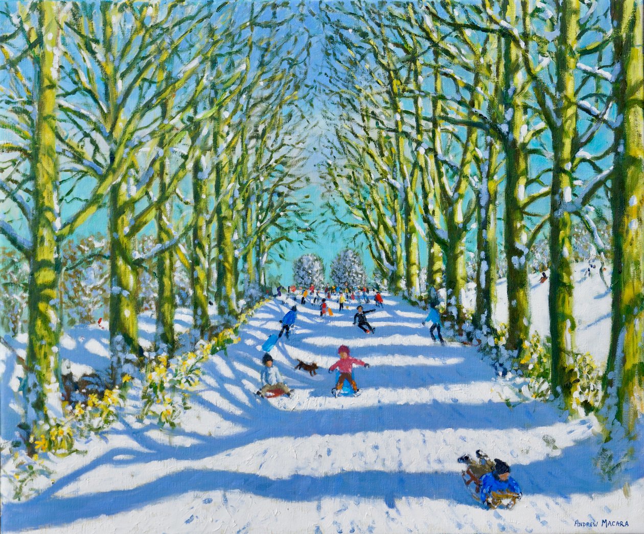 Hauskaa auringossa ja lumessa, Derby, 2022 (öljy kankaalle) tekijältä Andrew Macara
