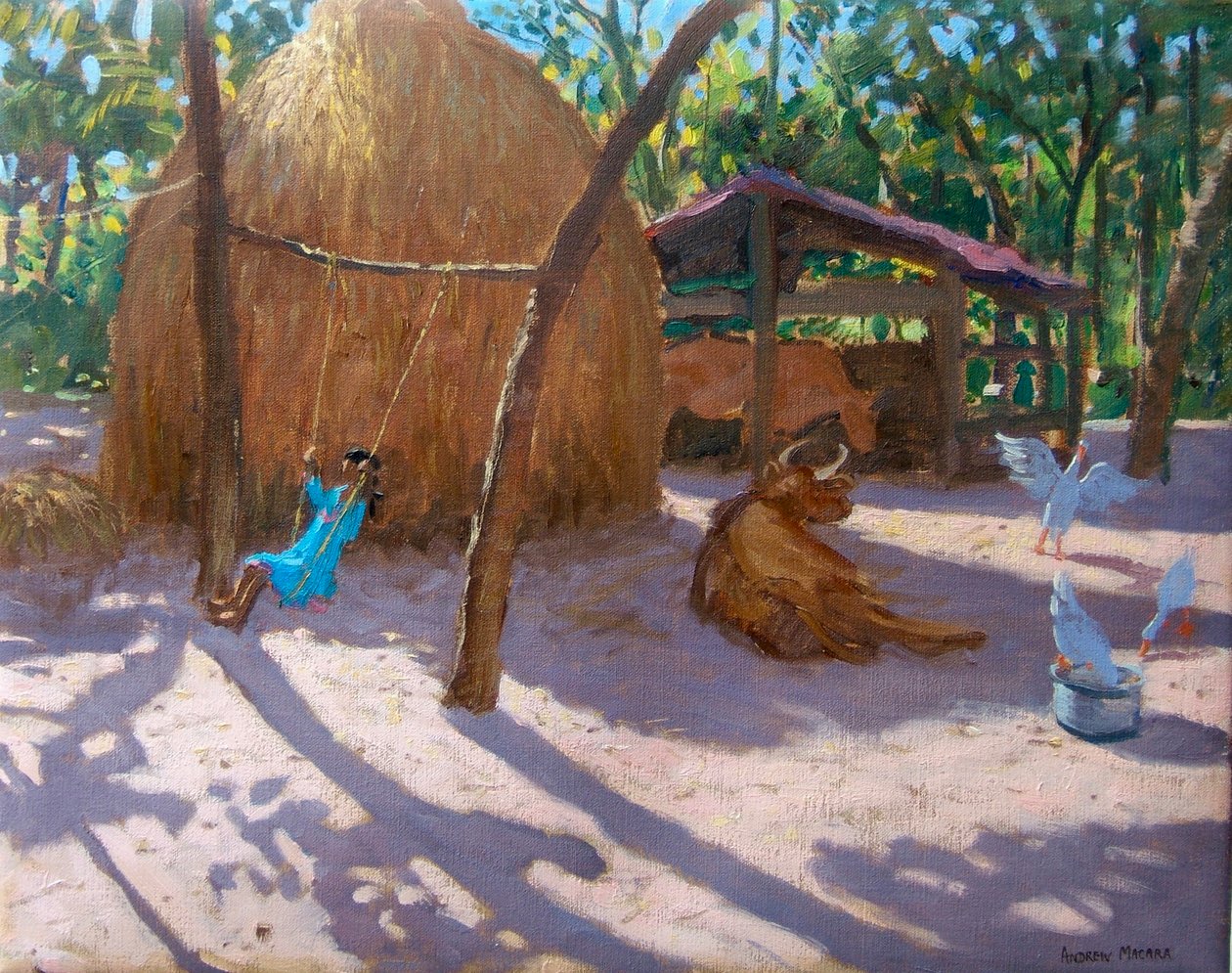 Heinäpuu ja tyttö keinussa, Kerala (öljy kankaalle) tekijältä Andrew Macara