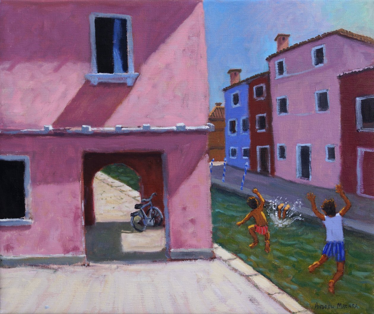 Hyppy kanavaan, Murano, Venetsia, 2021 (öljy kankaalle) tekijältä Andrew Macara