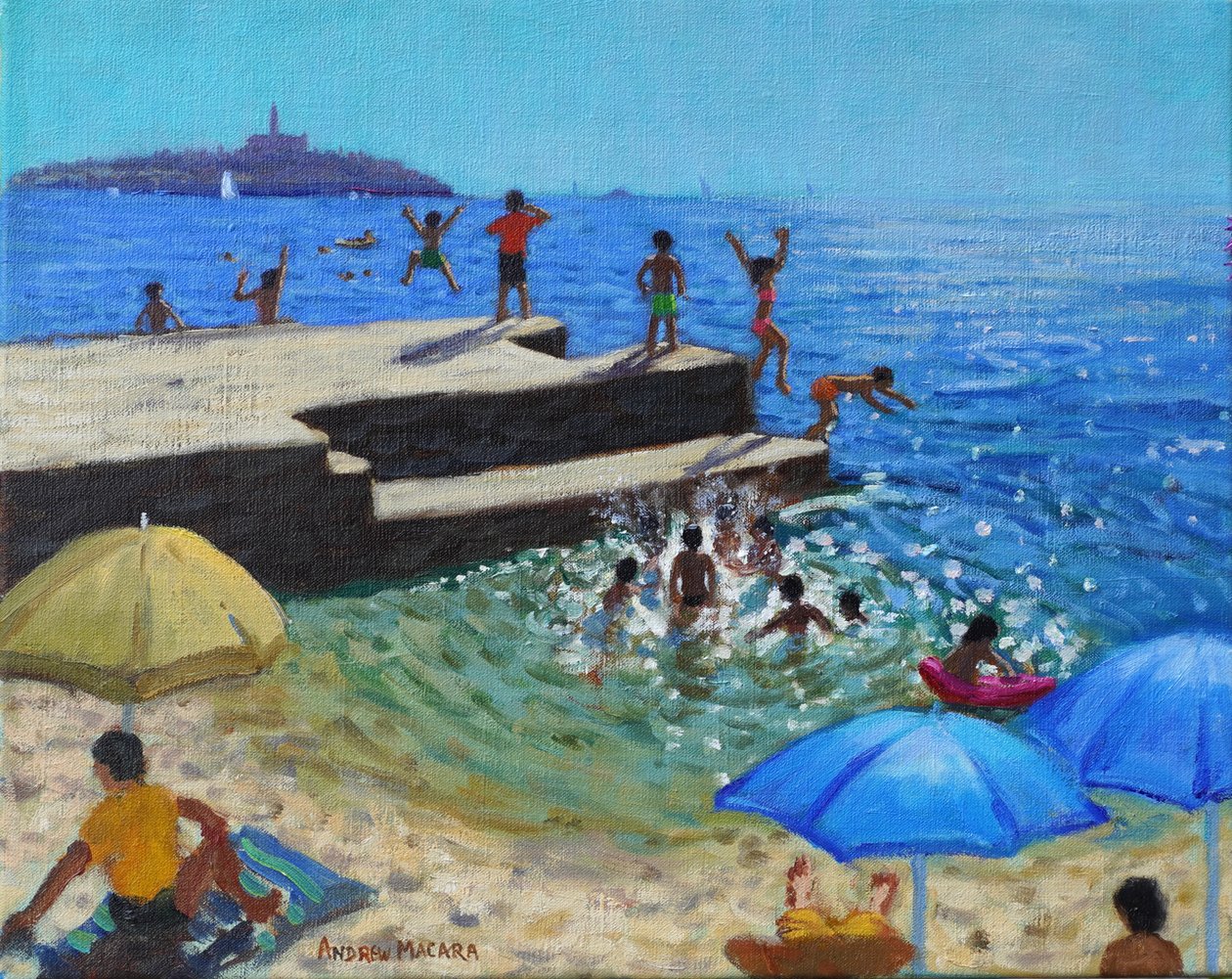 Hyppääminen mereen, Rovinj, Kroatia, 2024 (öljy kankaalle) tekijältä Andrew Macara