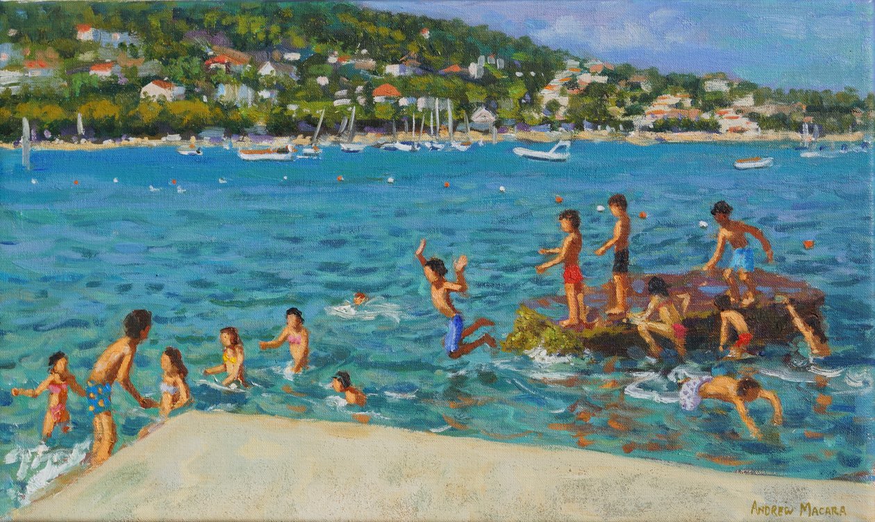 Hyppy pois kivistä; Cinque Terre, Positano, Italia, 2000 (öljy kankaalle) tekijältä Andrew Macara